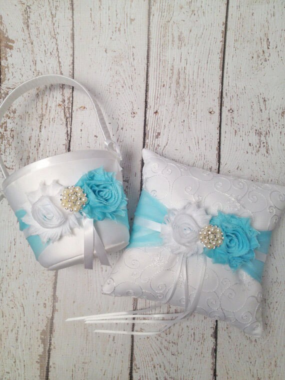 TIFFANY BLUE Flower Girl Basket & Ring Bearer Pillow Set / You Design / Many Colors to Choose