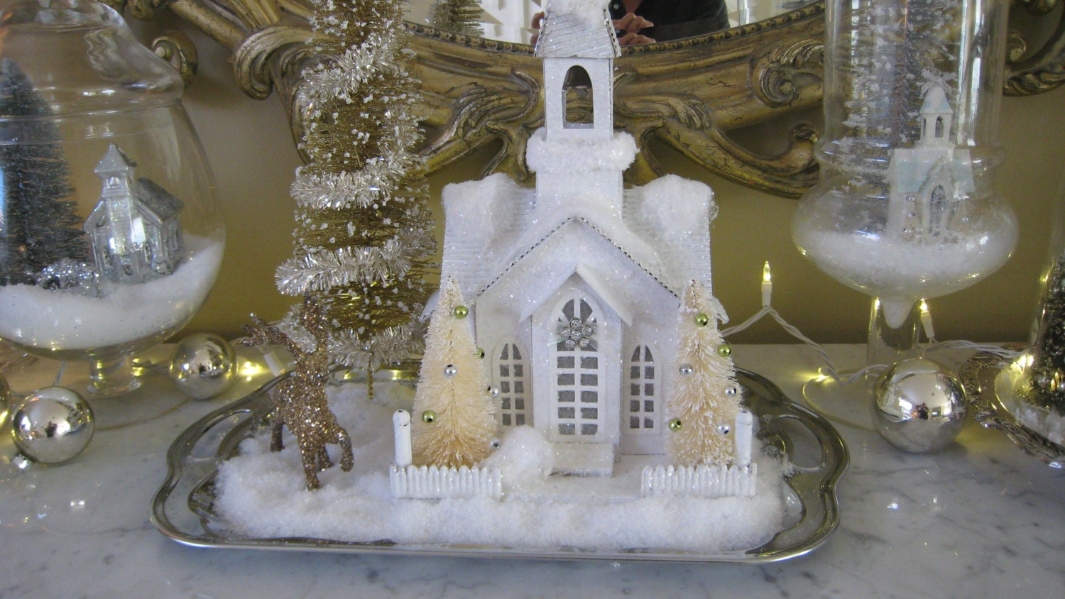 ON SALE Christmas Snowy Church Vignette on Vintage Silver Tray - elegantentrances
