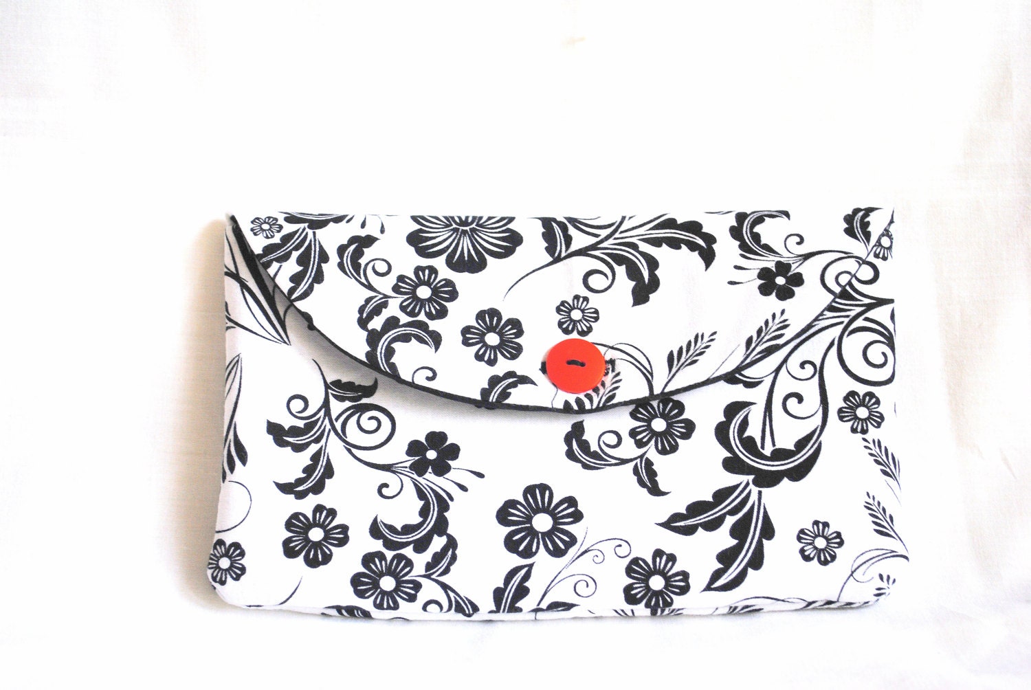 Clutch: Black and White, Floral, Orange Button, Black Lining, Cotton