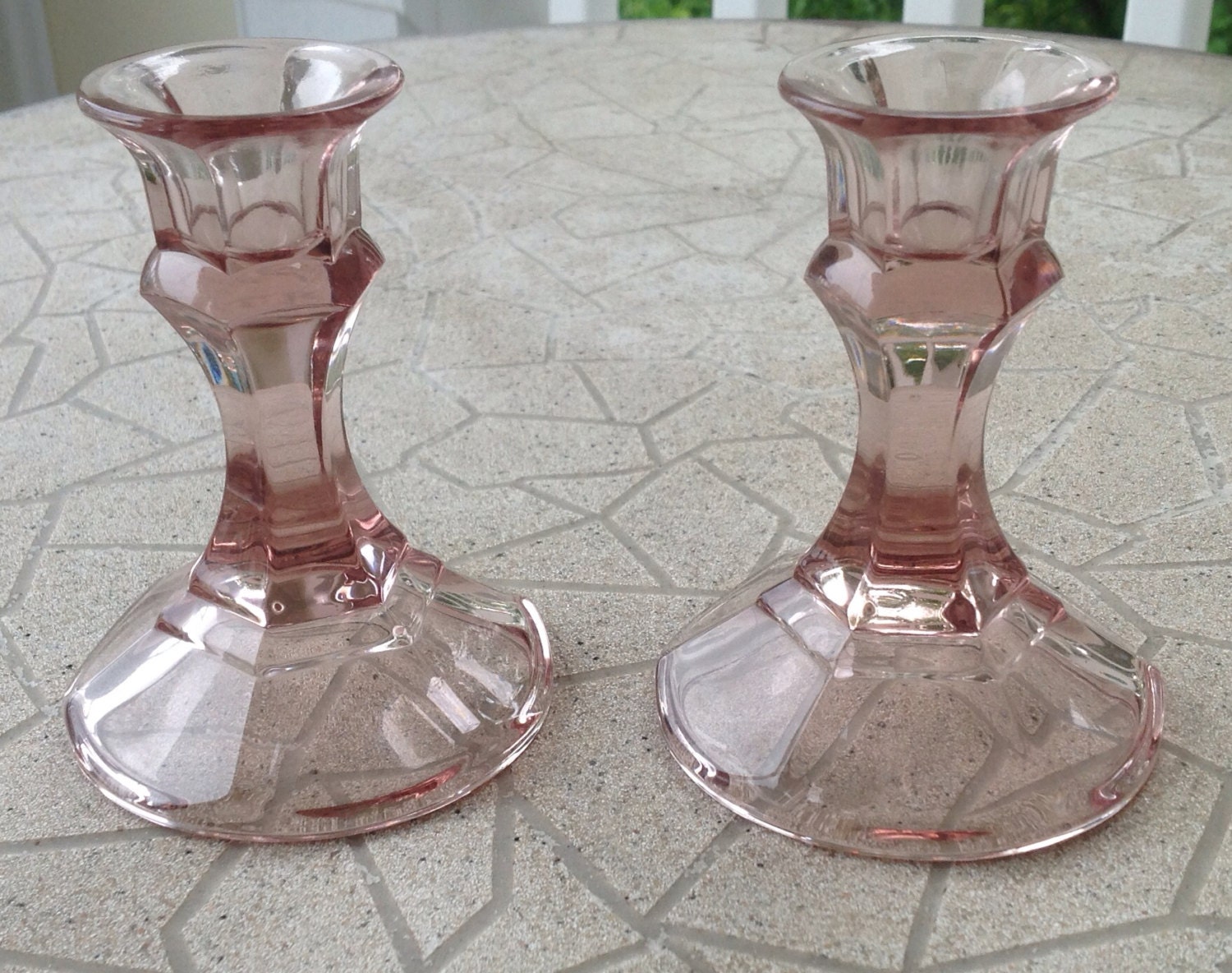 Items similar to Vintage Pink Depression Glass Candle Holders on Etsy
