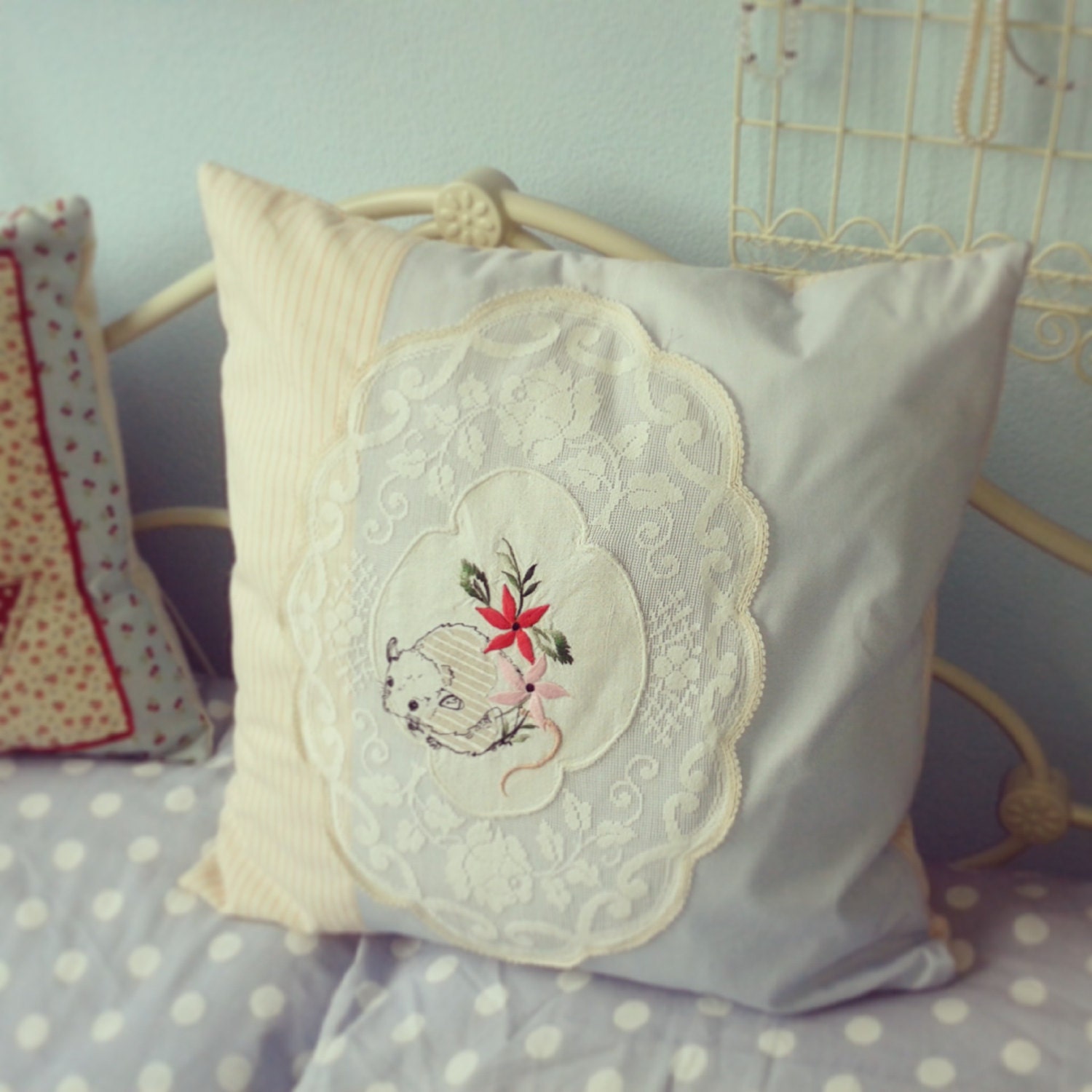 Embroidered Vintage Doily Cushion - 'Mouse Tails Collection'