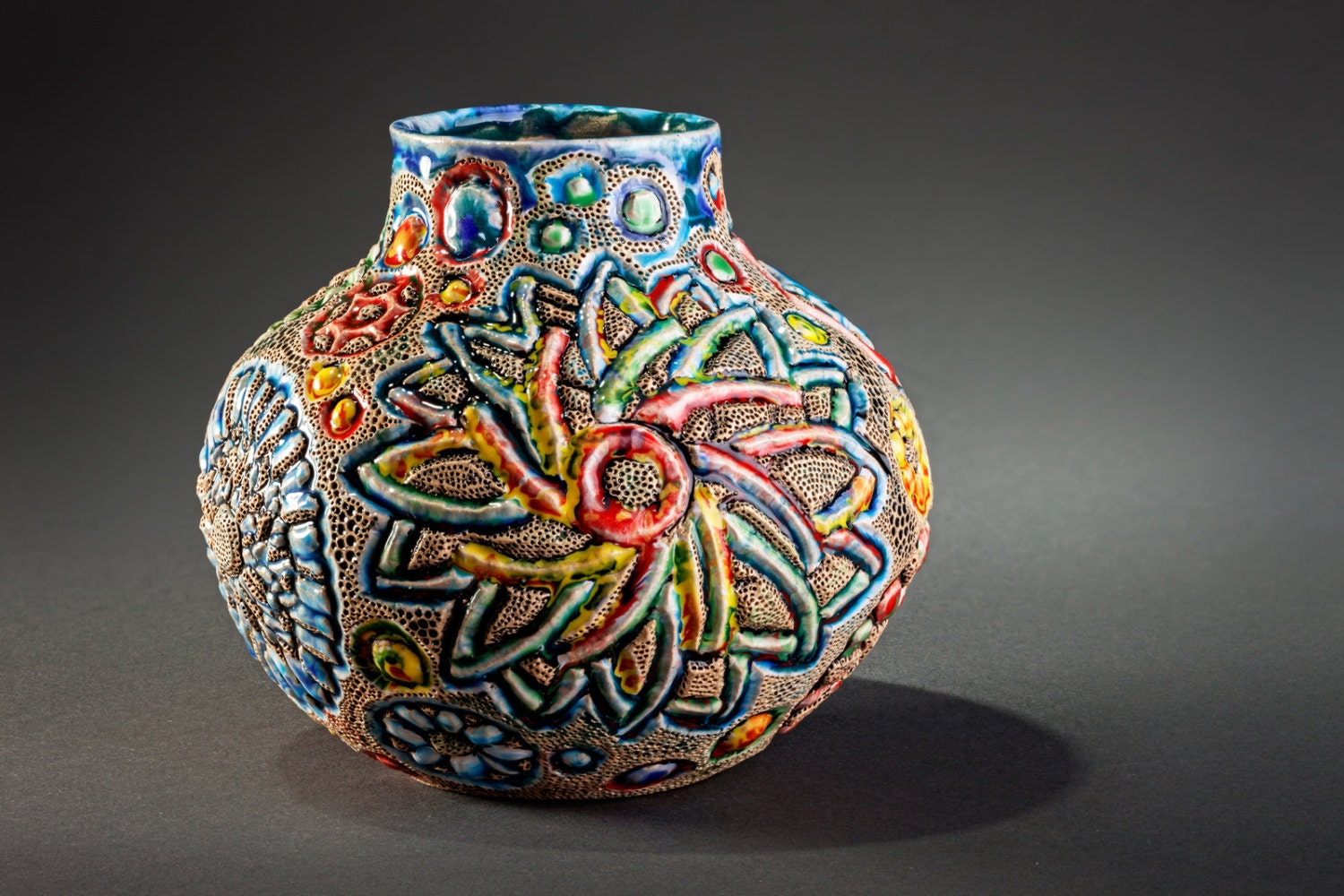 Small round vase with bright abstract flowers by Landby on Etsy