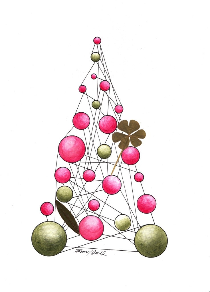 PROMOTIONAL PRICE  Christmas Clover Tree, Art Print Signed Ebru Acar Taralp 5.8''x8.2'' - StudioJolly
