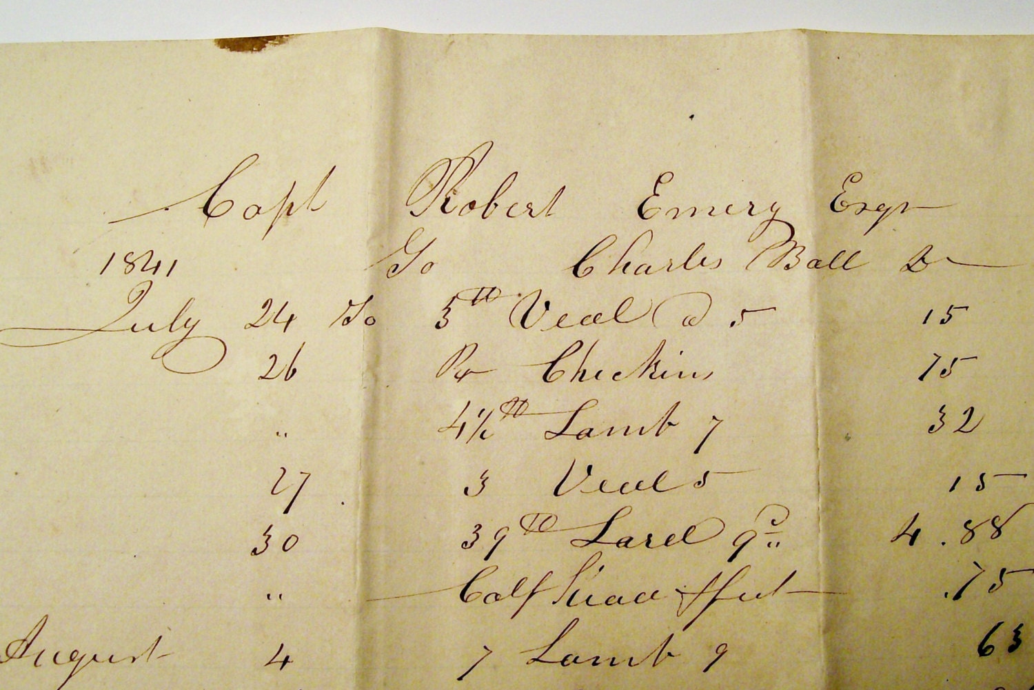 1841 Ship Captain Robert Emery Springfield Mass Document Bill Receipt Handwritten - Merchant Service â�� Maritime History - Massachusetts - BlueLeafPapersBooks