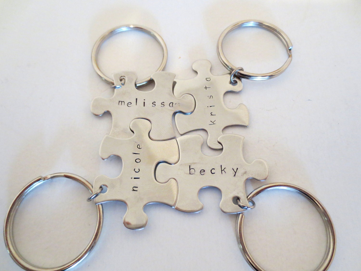 Bridesmaid Gift Puzzle Piece Set Keychain - Multi Number of Pieces- Hand Stamped Personalized -  Wedding Date- Bridal Party - Gift Under 25 - DreamWillowStudio
