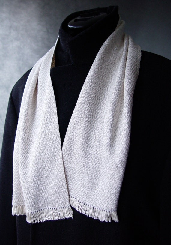 Handwoven White on White Silk Mens Opera Scarf woven by SheWeaves