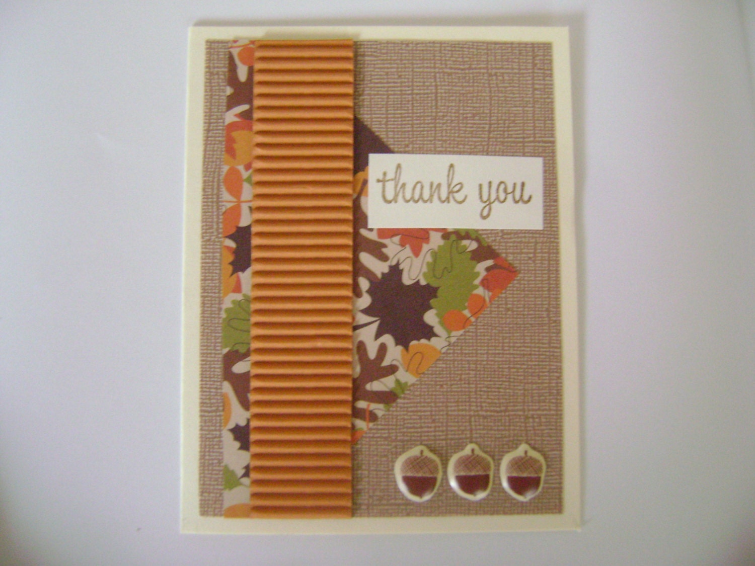 Handmade Card - Autumn Fall Leaves Brown Orange Stamped Thank You Card with Acorns - Sammark