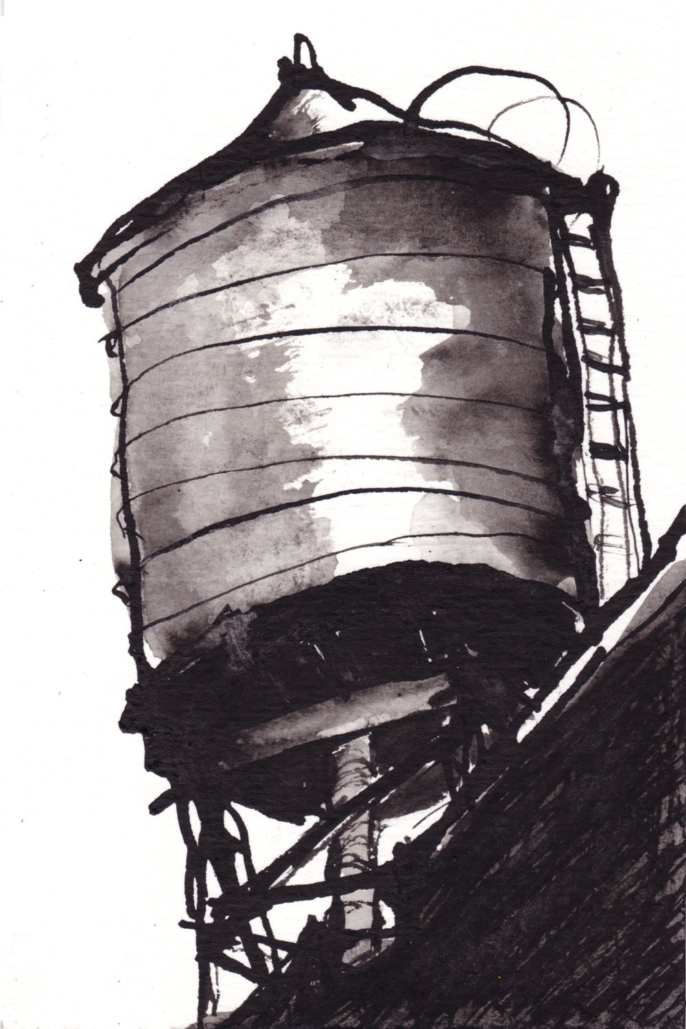 Pen and Ink Sketch Drawing NYC Water Tower Black by vhmckenzie