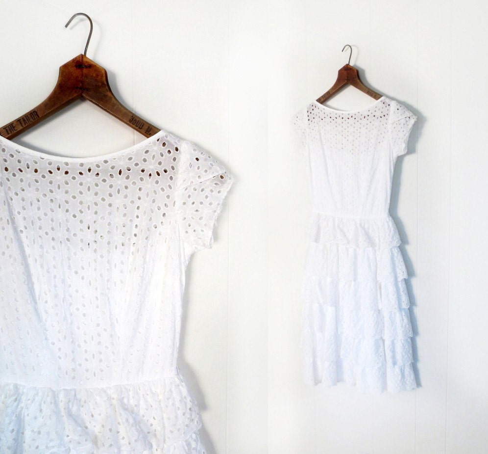 50s Eyelet Dress / 1950s White Dress / CASCADE Dress / XXS
