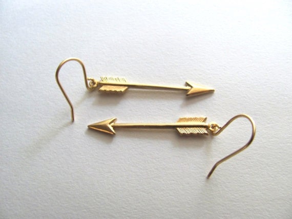Small golden arrow earrings on 14k gold fixtures - MySoCalledVintage