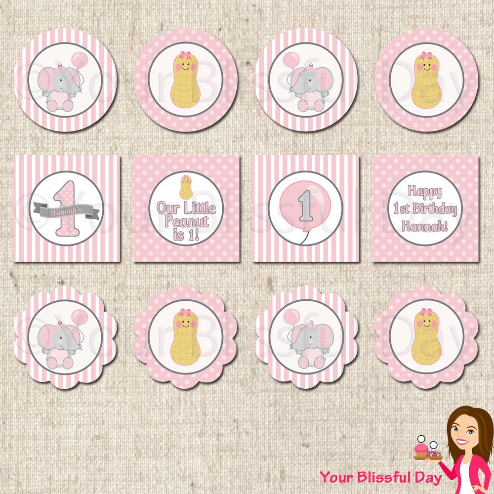 PRINTABLE Little Peanut Elephant First Birthday Girl Party Circles (Personalized) Il_570xn