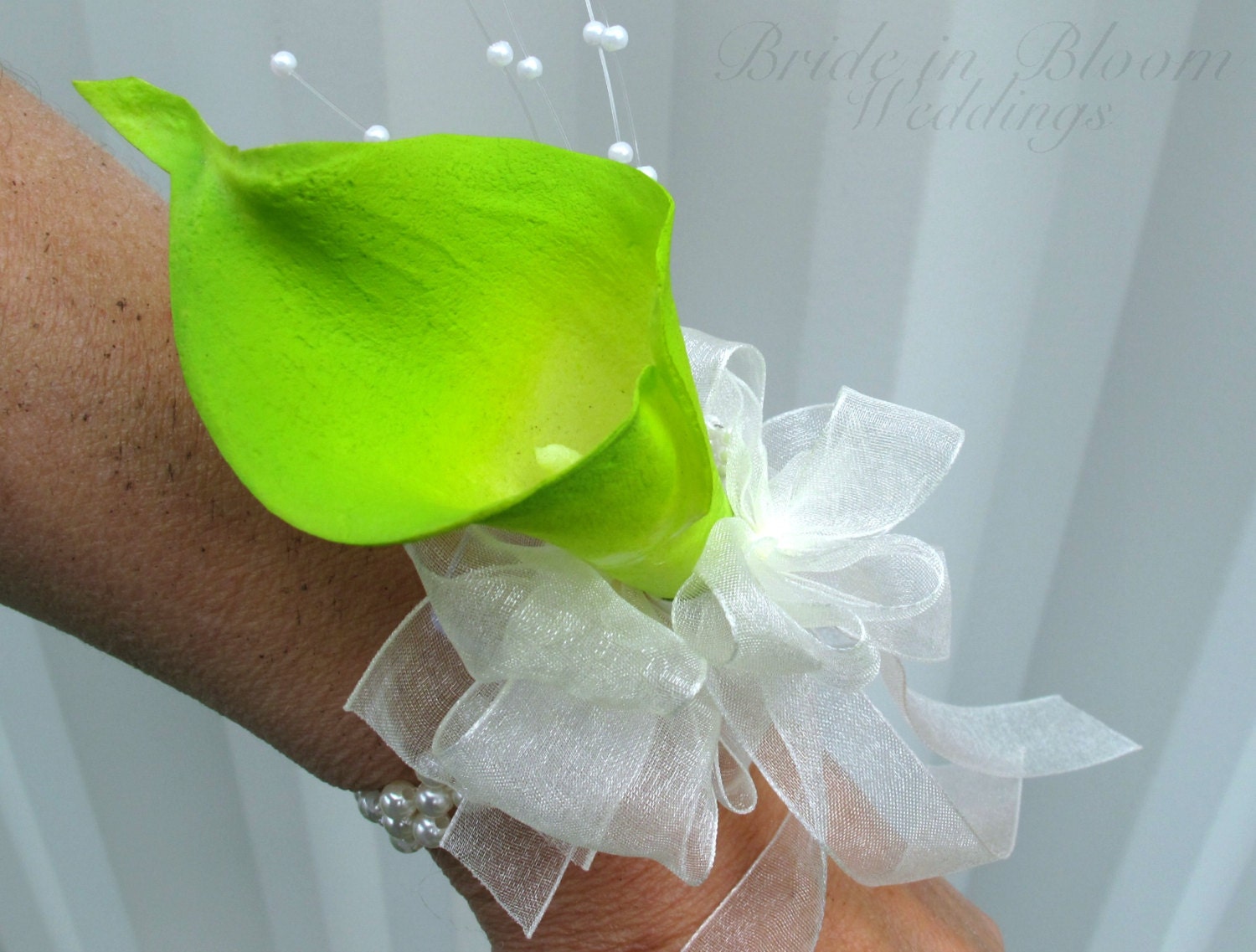 Lime green calla lily wrist corsage ivory by BrideinBloomWeddings