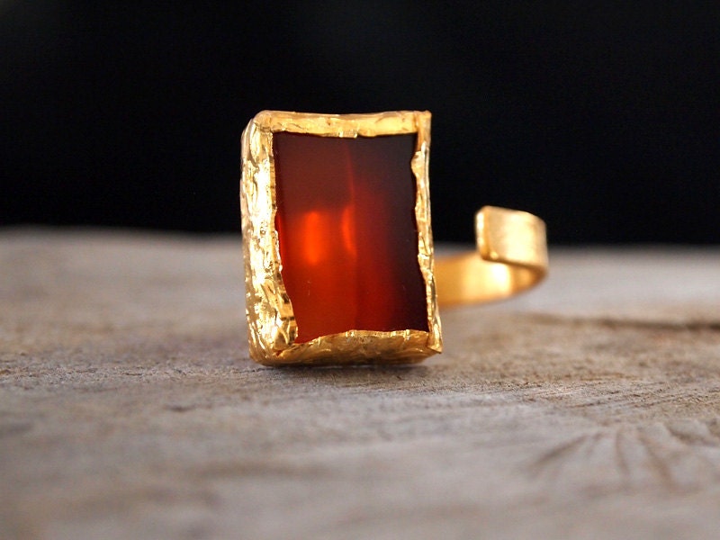 Gold Vermeil Carnelian Ring - Asymmetrical Modern Ring - Gold Vermeil - Sterling Silver - Adjustable - serpilguneysu