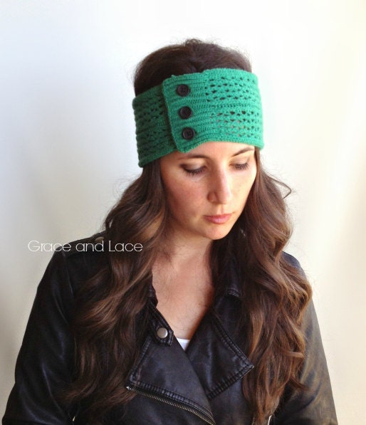 Nellie Knit Button Head Wrap - EMERALD knit ear warmer - button head band - button ear warmer - knit head wrap - graceandlace grace and lace