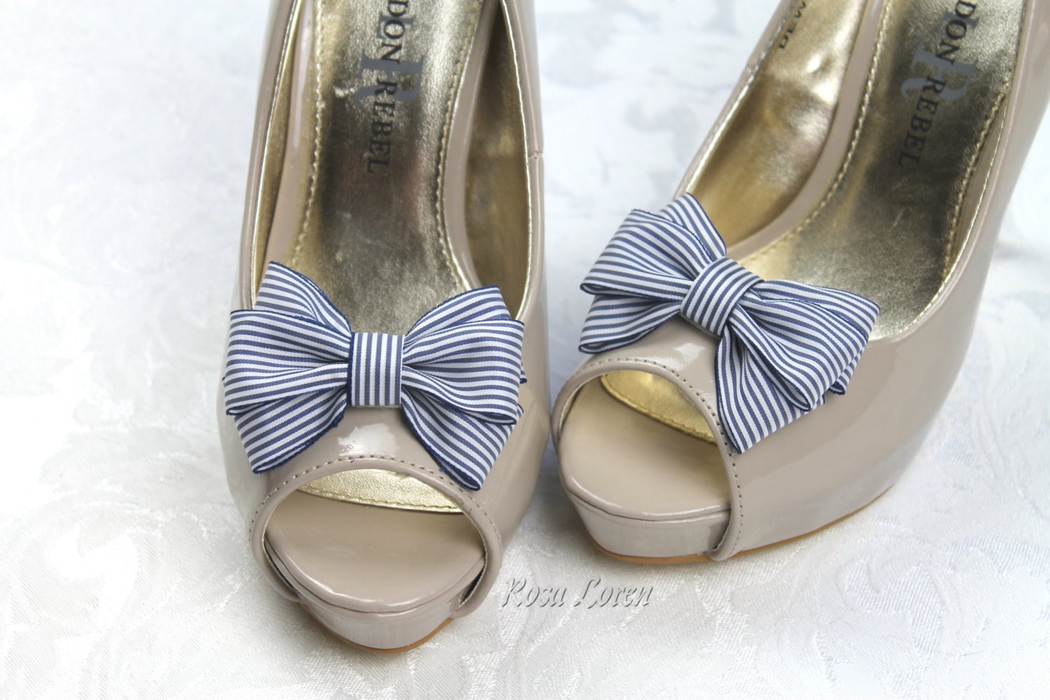 Navy Stripe Shoe Clips Navy & White Striped by BouquetByRosaLoren