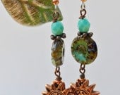 Turquoise blue Czech glass and copper sun face earrings - Beechtree