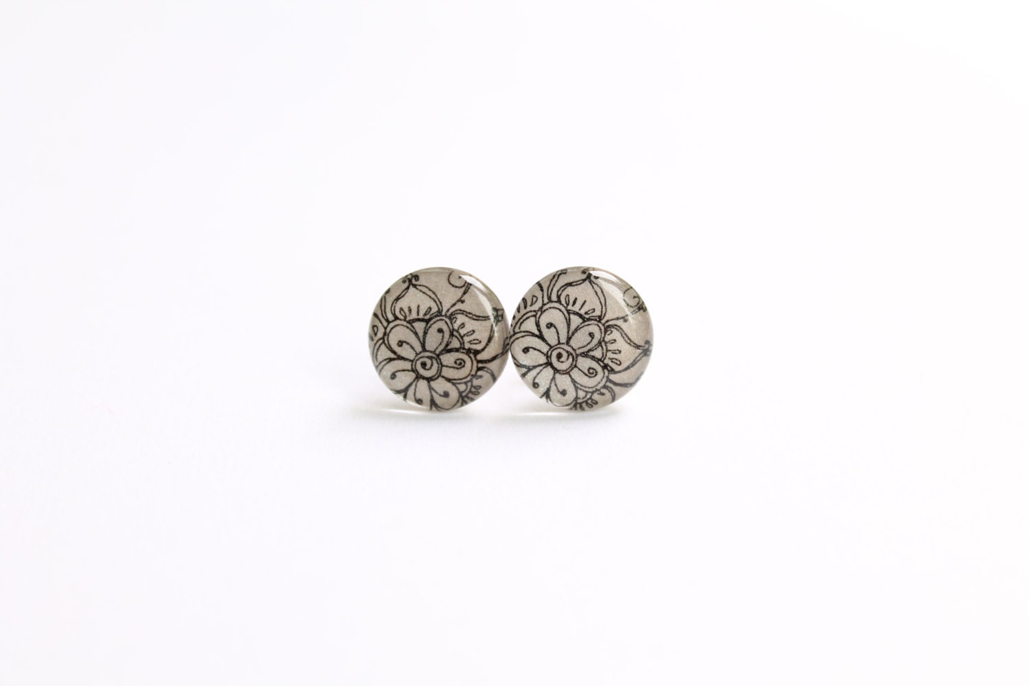 Studs, silver gray stud earrings, gray earrings, indian flower studs, asian oriental earrings, gray europeanstreetteam