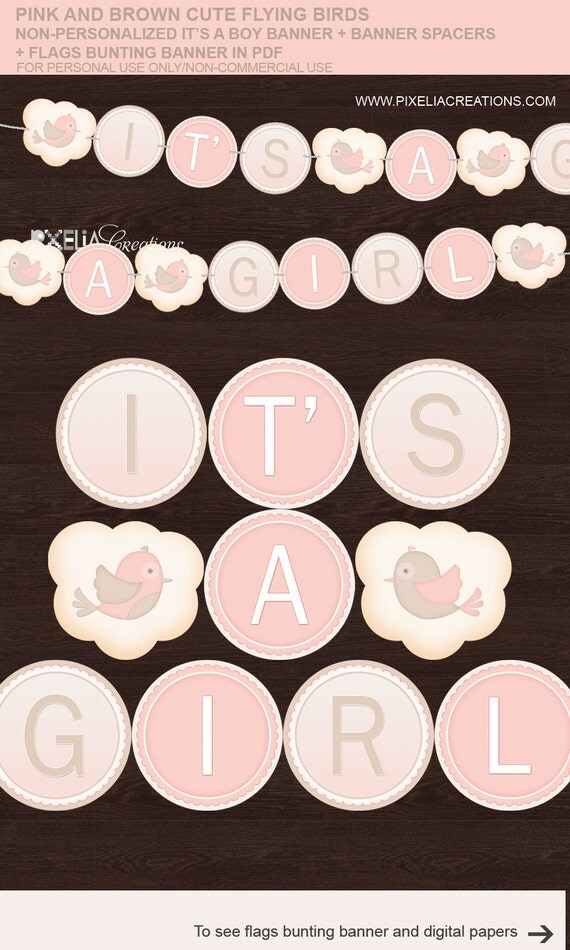 Pink and Brown Cute Flying birds Baby Shower "It's A Girl" banner.Flags bunting banner, digital papers.Instant Download in pdf Il_570xn