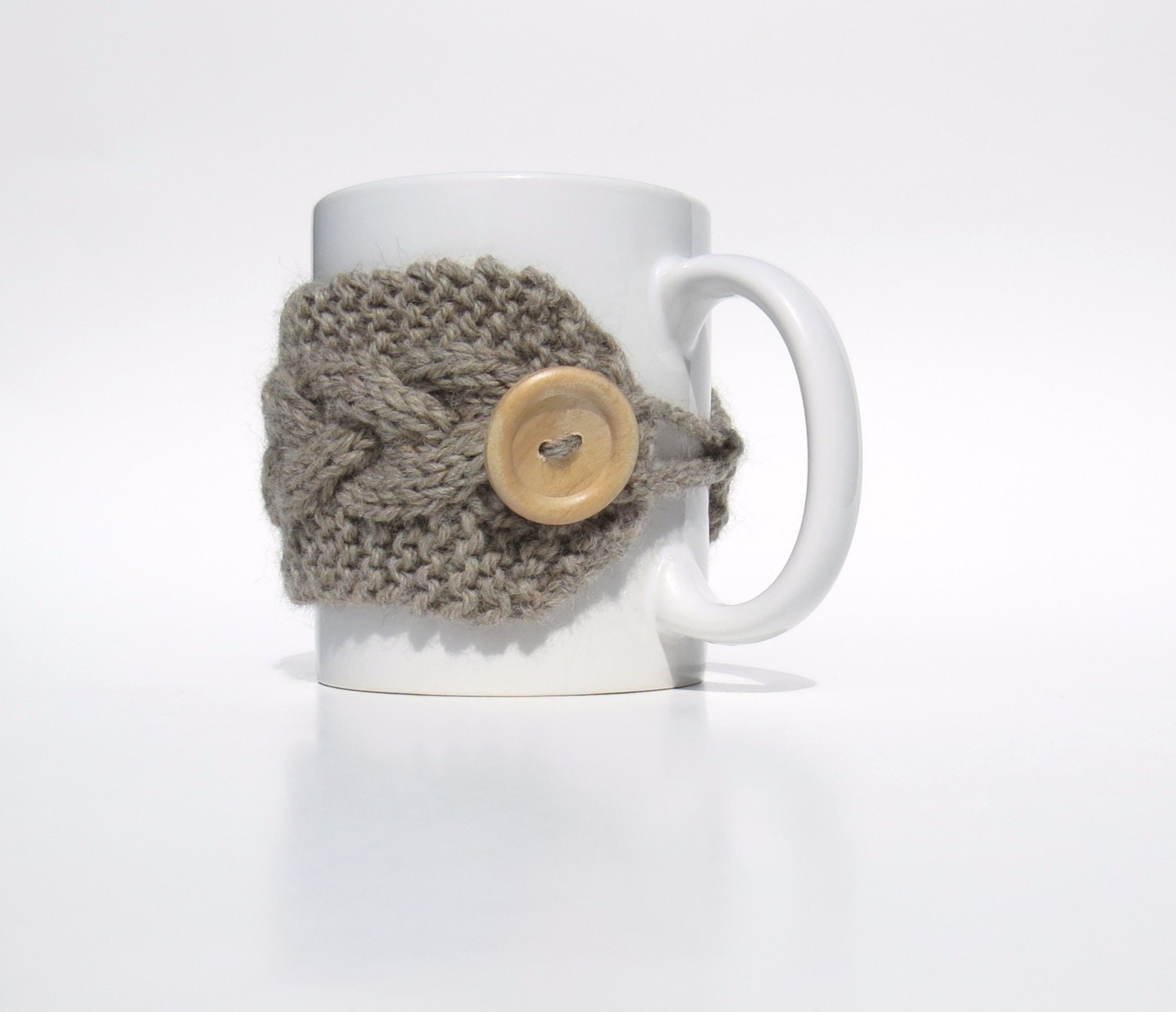 Cabled Knit Coffee Mug Cup Cozy Natural Grey Wool Wood Button Hand Knit - StoneyCreekKnitters