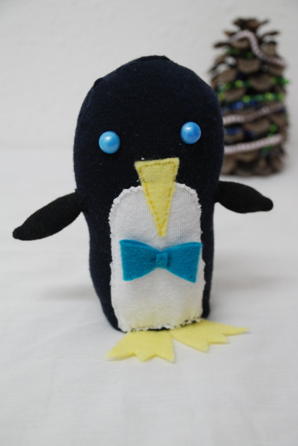 sock penguin, stuffed animal - black and white with turquoise bow tie - GARBUBOT