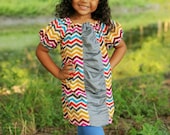 Girl's Corduroy Chevron Peasant Dress with Contrast Chambray Ruched Panel 6mo-12- "Kinsleigh" - PlumberryCouture