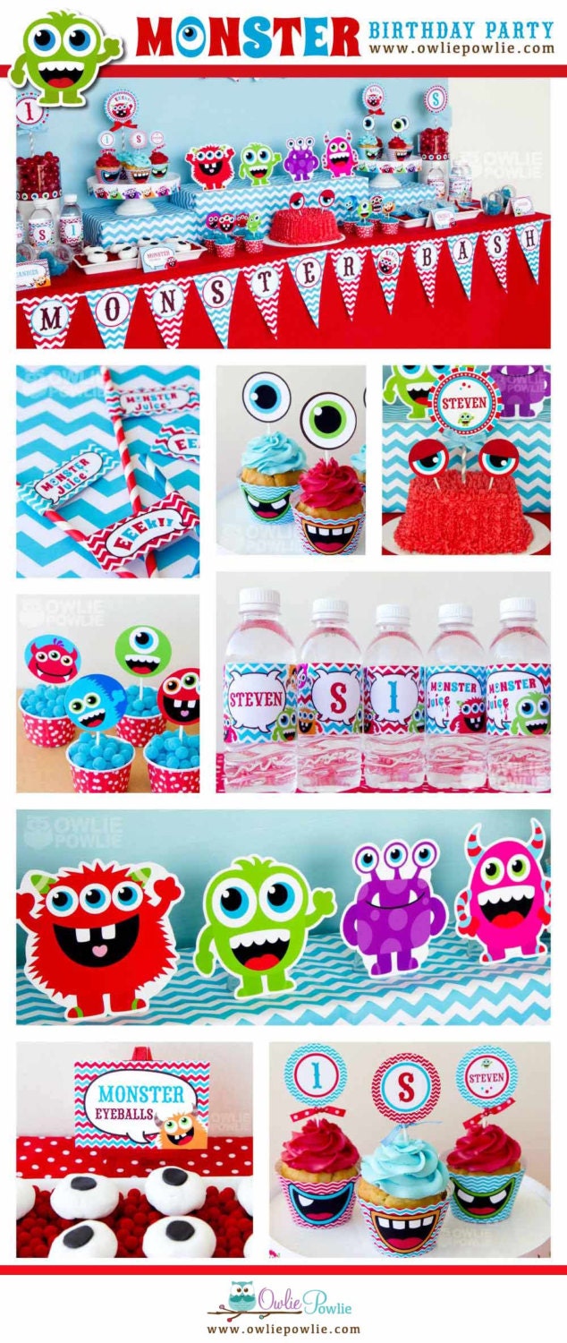 Monster Bash BIRTHDAY Red Blue Party Printable Package & Invitation, INSTANT DOWNLOAD, You Edit Yourself with Adobe Reader Il_570xn