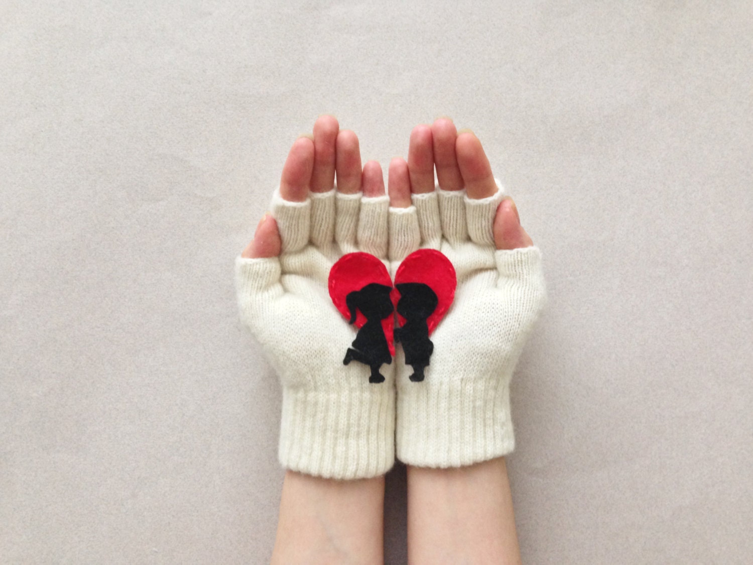 Knitted Heart Gloves, Fingerless White Gloves, Winter Gloves, Wool Gloves For Women, Perfect Gift For Valentines Day - LagaLuga