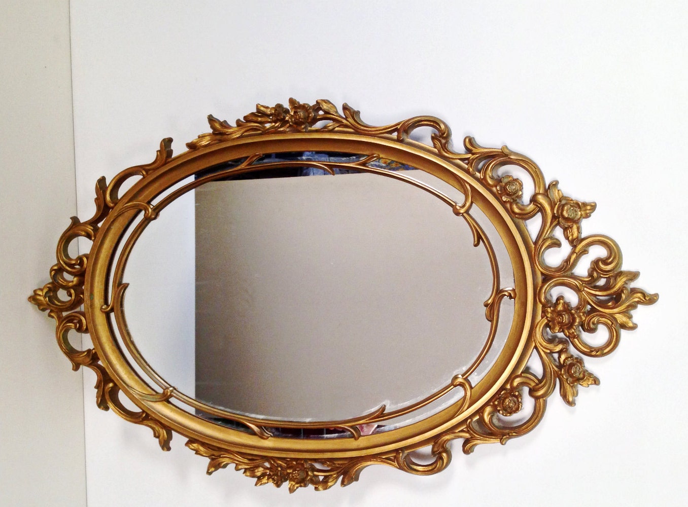 vintage large gold oval mirror Hollywood by forrestinavintage