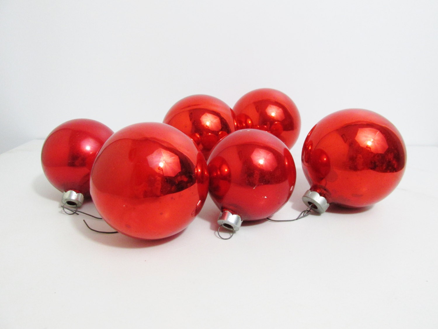 Vintage Christmas Ornaments: Lot of Six Red Glass Balls - FairSails