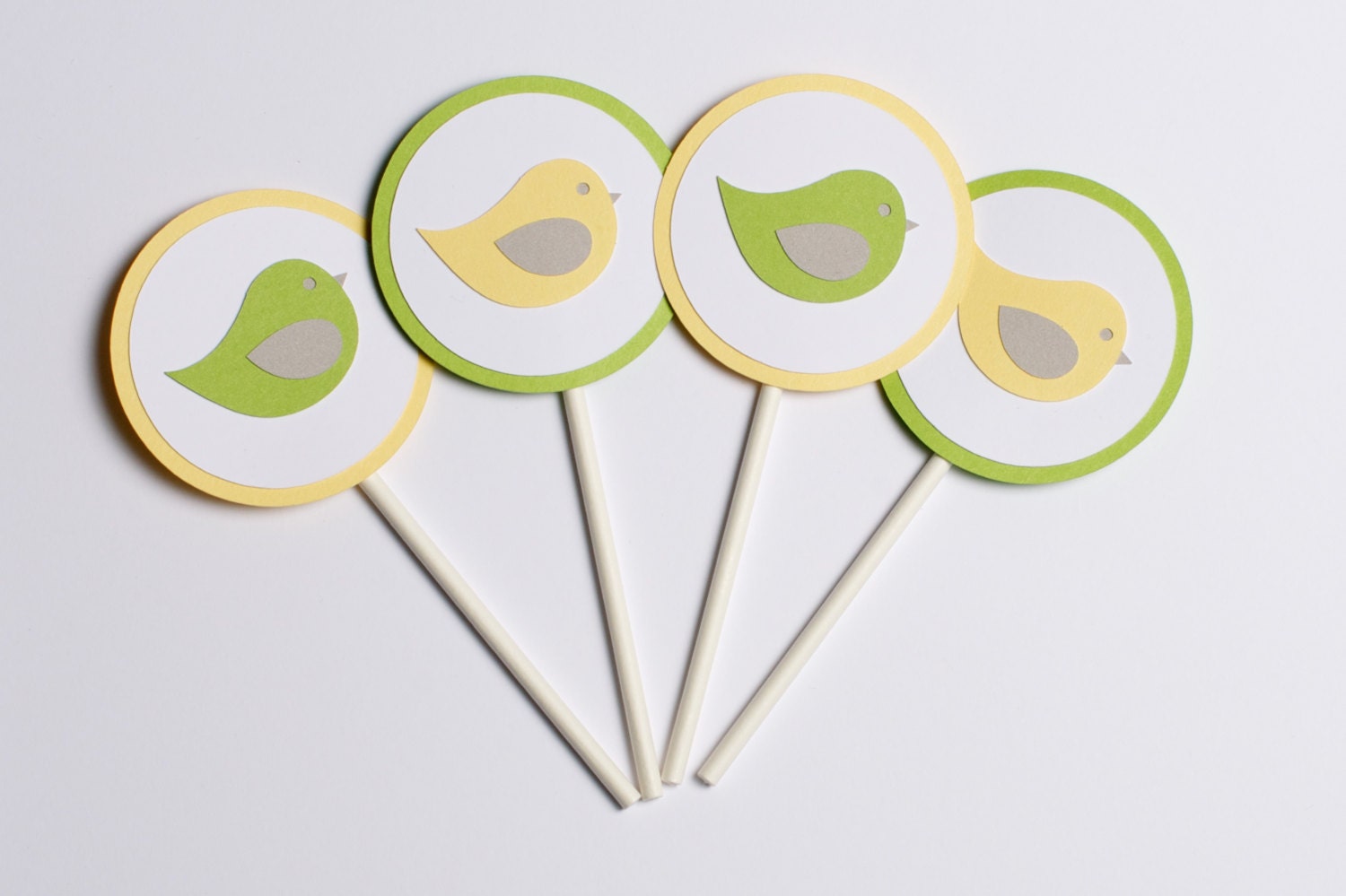 Set of 12 Baby Shower Decoration Gender Neutral Bird Cupcake Toppers Yellow Green Il_570xn