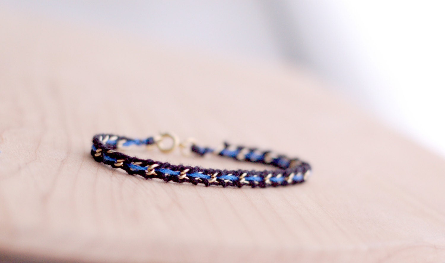 Thin blue line woven gold chain bracelet, law enforcement, police wife, black blue friendship bracelet, recycled, feminine, delicate - nutmegan