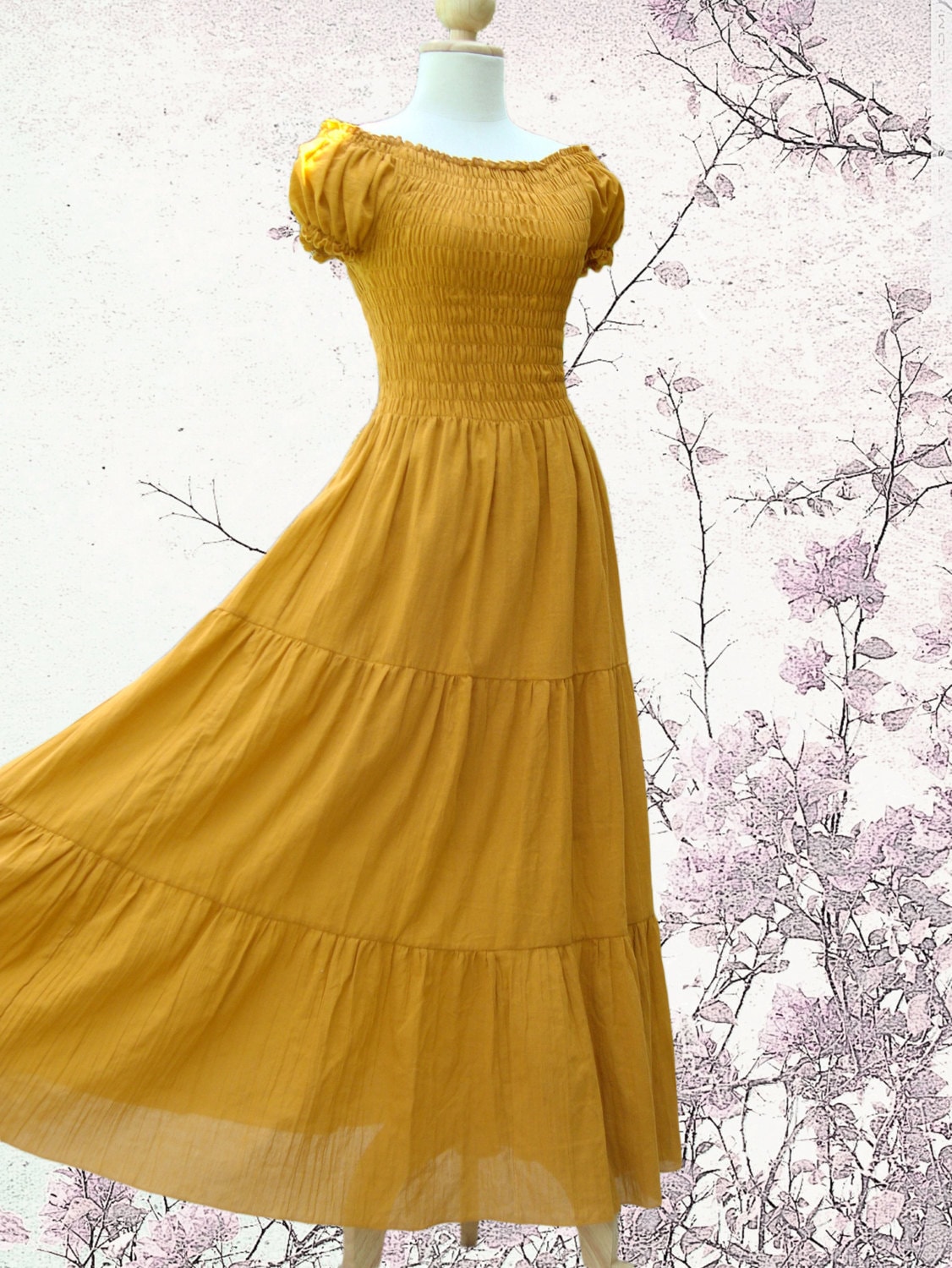 Long Mustard Beach Dress - Summer Dress / Off the Shoulder Dress / Yellow Dress / Women Smock Maxi Dress -  'Sweet Summer II' - idea2wear