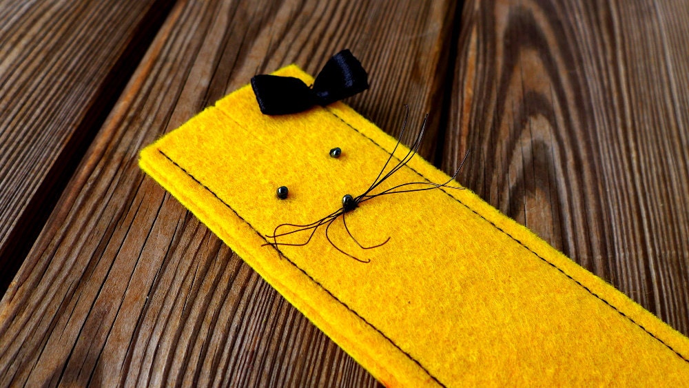 Felt Bookmark And Pencil Case, Yellow With Black Cat - morion