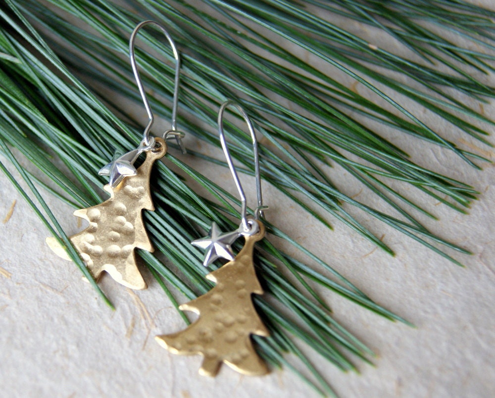 Christmas Tree Earrings Brass Tree Earrings Holiday Jewelry