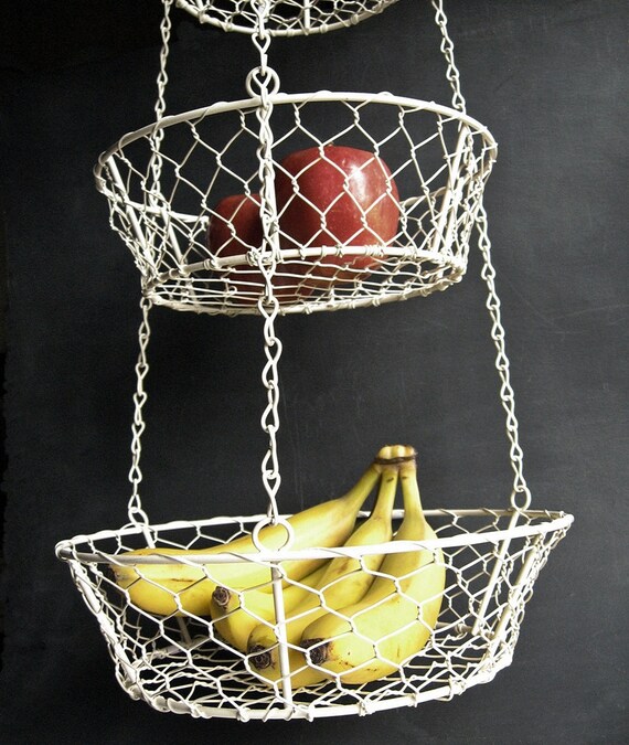 Cream White 3 Tier Hanging Chicken Wire Baskets by MagiaMia