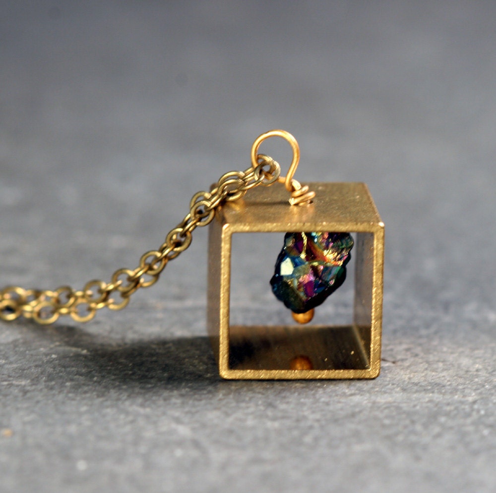 Geometric Jewelry : Brass Cube Pendant Necklace with raw titanium quartz