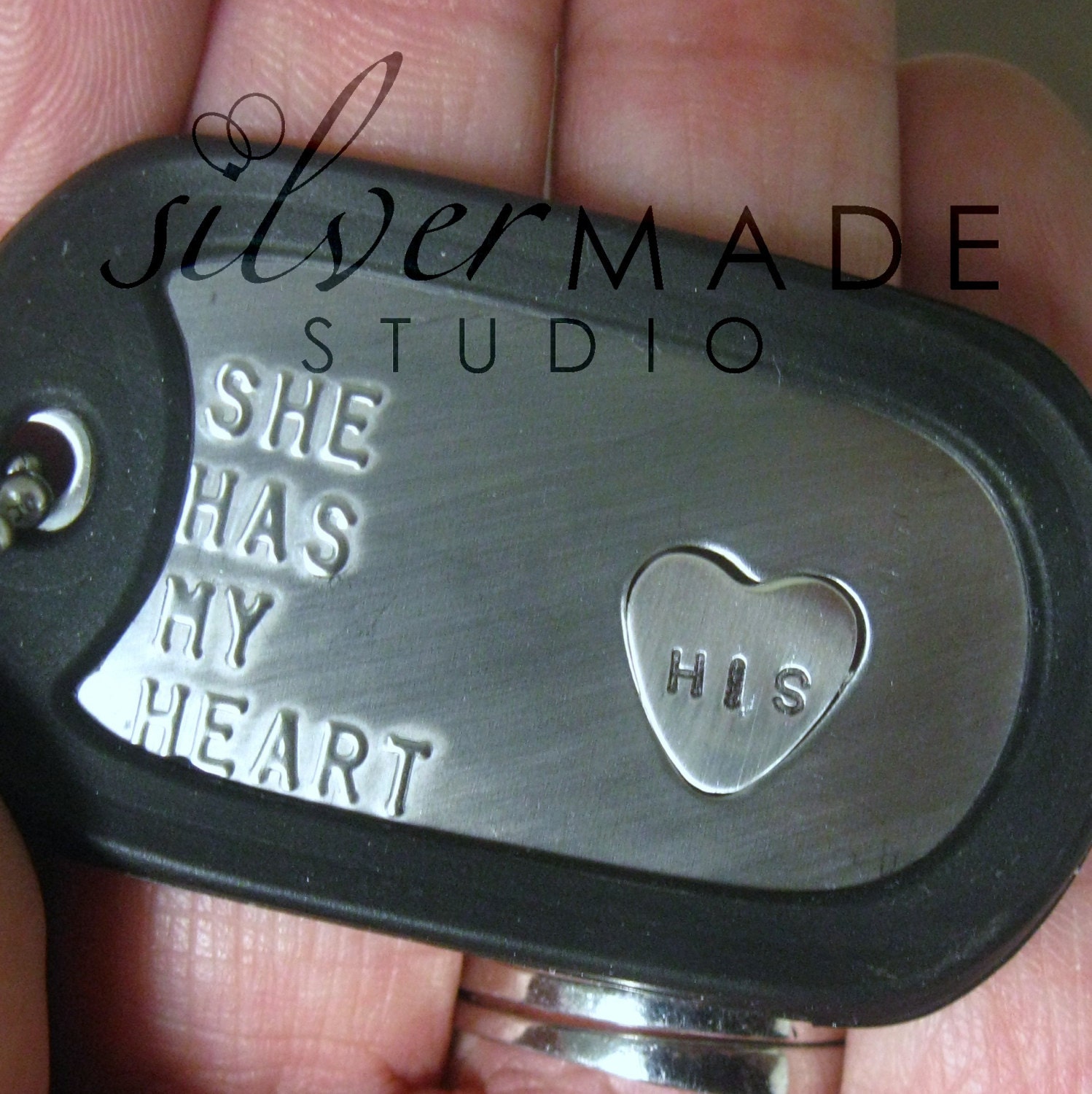 Military Stainless dogtag and sterling HEART RING - SilverMadeStudio