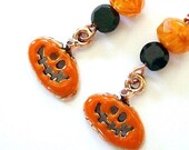 Halloween Earrings Pumpkins - Jack O Lantern Dangles - Orange and Black Beads - Enamel Copper Charms - RoughMagicHolidays
