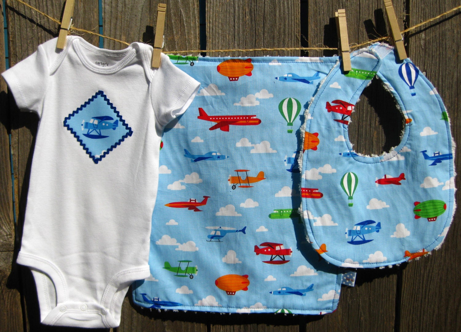 Planes, Blimps and Balloons --- Baby gift set with onesie, bib, burp cloth - available in size Newborn - 24 months