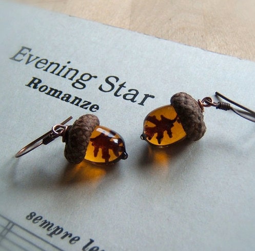 Glass Autumn Acorn Earrings Topaz with Encased Copper Leaves by Bullseyebeads