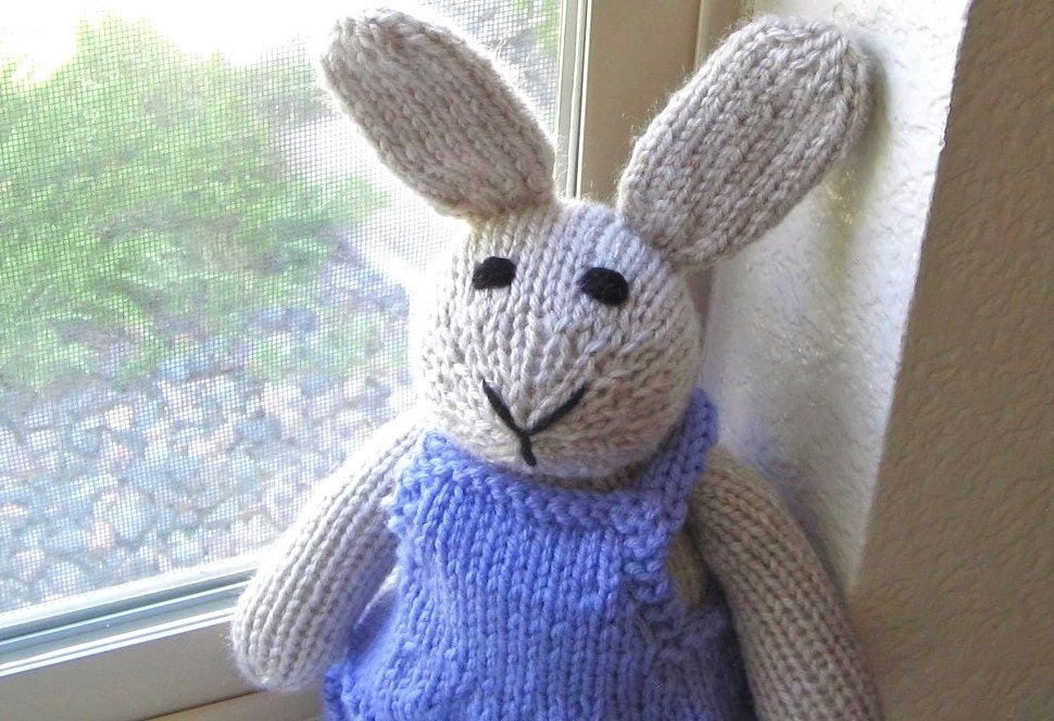 Hand Knit Stuffed Bunny Rabbit in Purple Dress - Knit Animal Childs Toy - Knit Toy Girl Bunny 15" Tall
