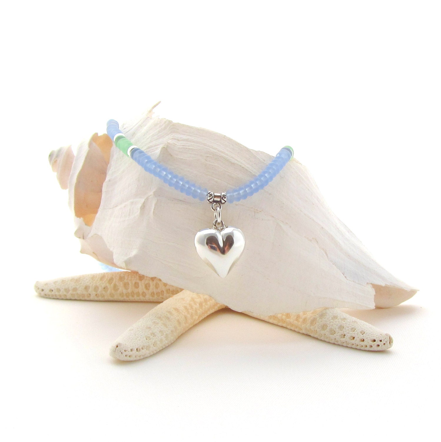 Blue Matte Bead Necklace w/Puffed Heart