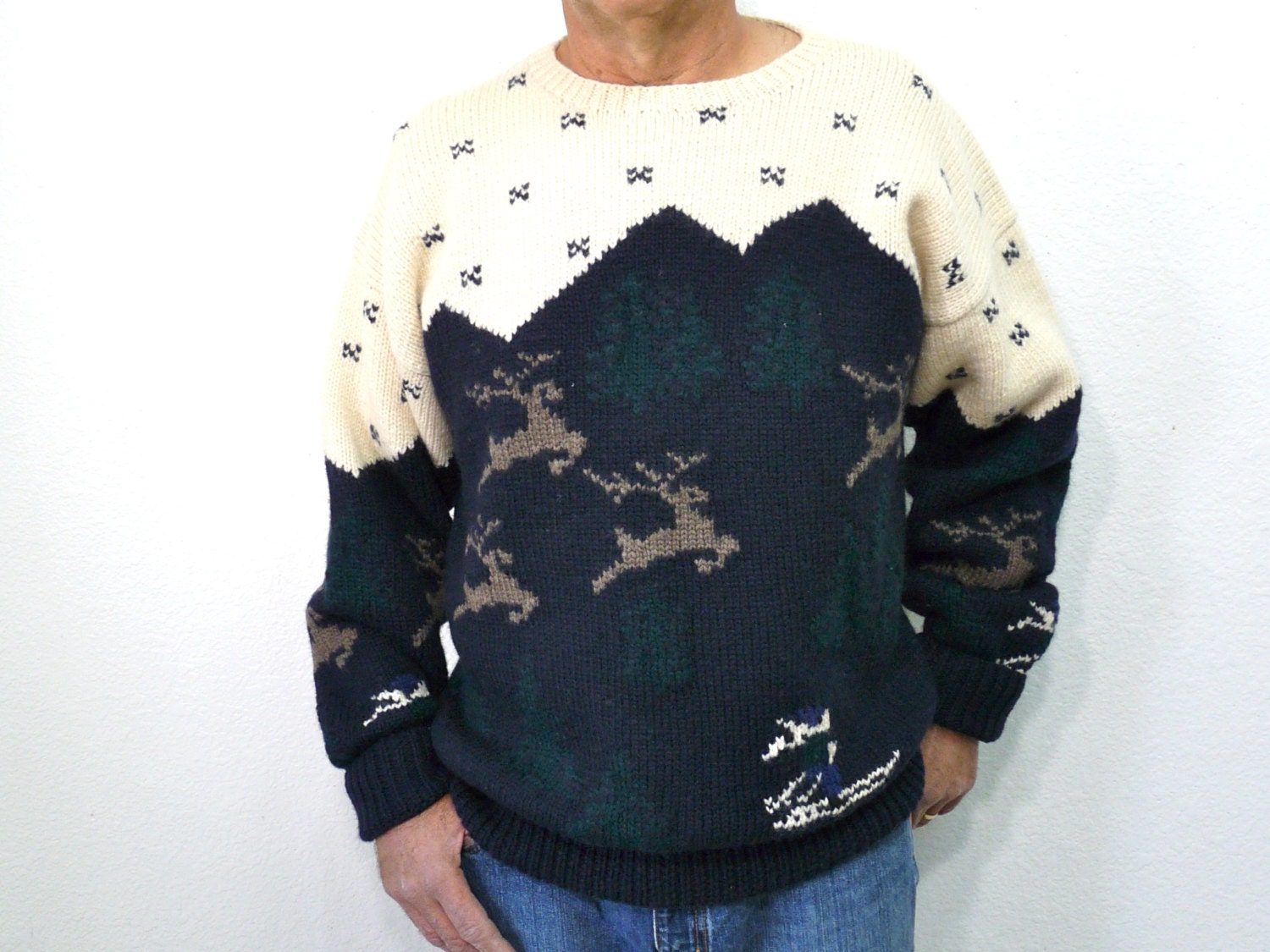Mens Wool Sweater Hand Knit 1980s Byford Deer Tree Snow Ski  X Large - KMalinkaVintage