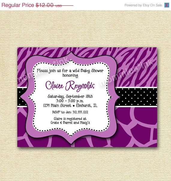 HOLIDAY SALE 10% off Wild Baby Shower Invitation- Purple Zebra and Giraffe Print - PRINTABLE Invitation Design Il_570xn