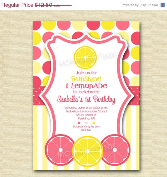 10% Off Holiday Sale Pink Lemonade Citrus Polka Dot and Stripes Birthday Party Invitation - PRINTABLE INVITATION DESIGN Il_570xn
