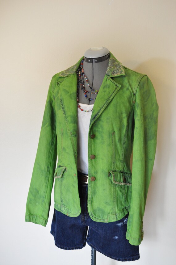 Green Sz 12 Denim JACKET Kelly Lime Green Hand by DavidsonStudio