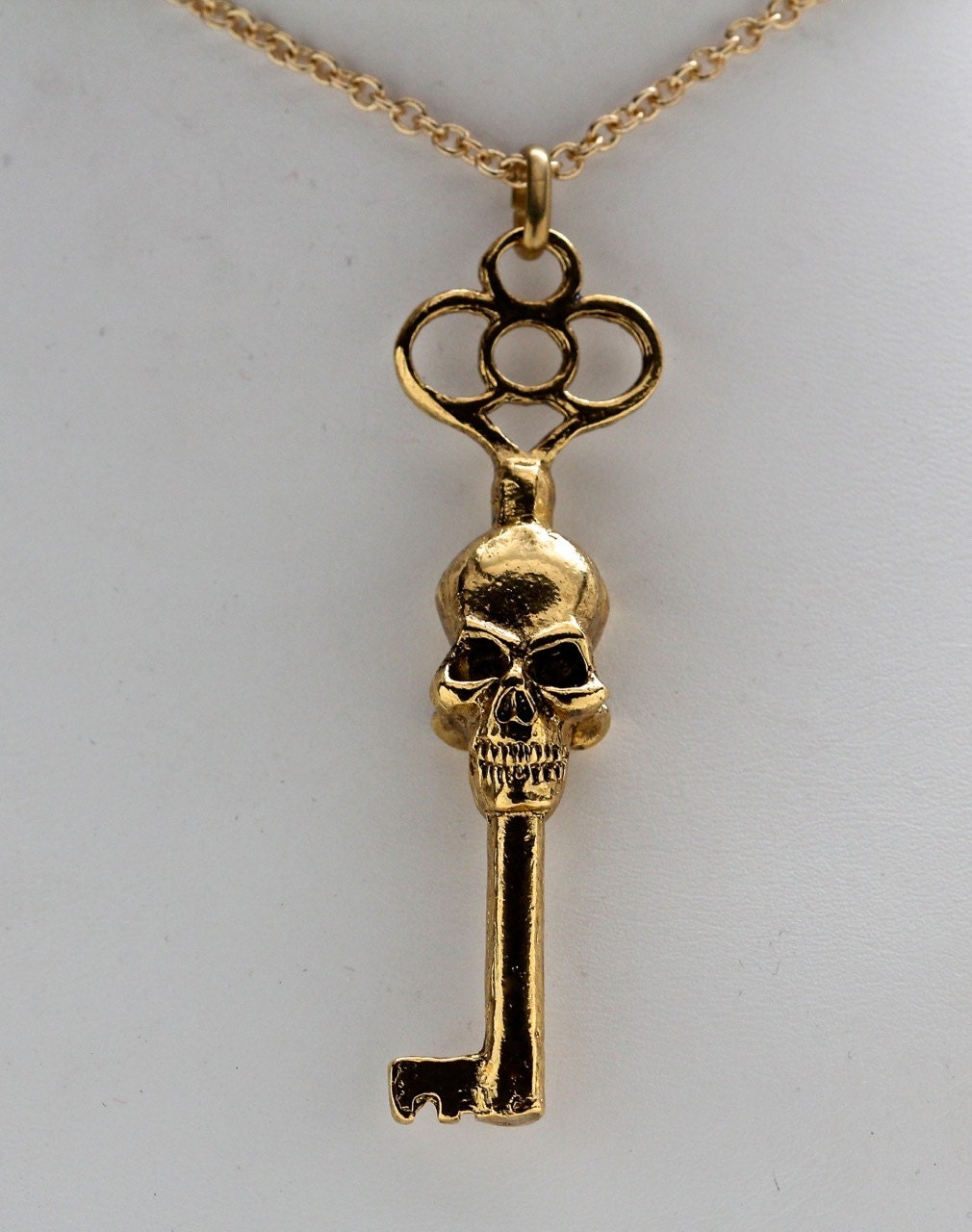 Skeleton Key Necklace Double Faced Antique Gold Plated On A