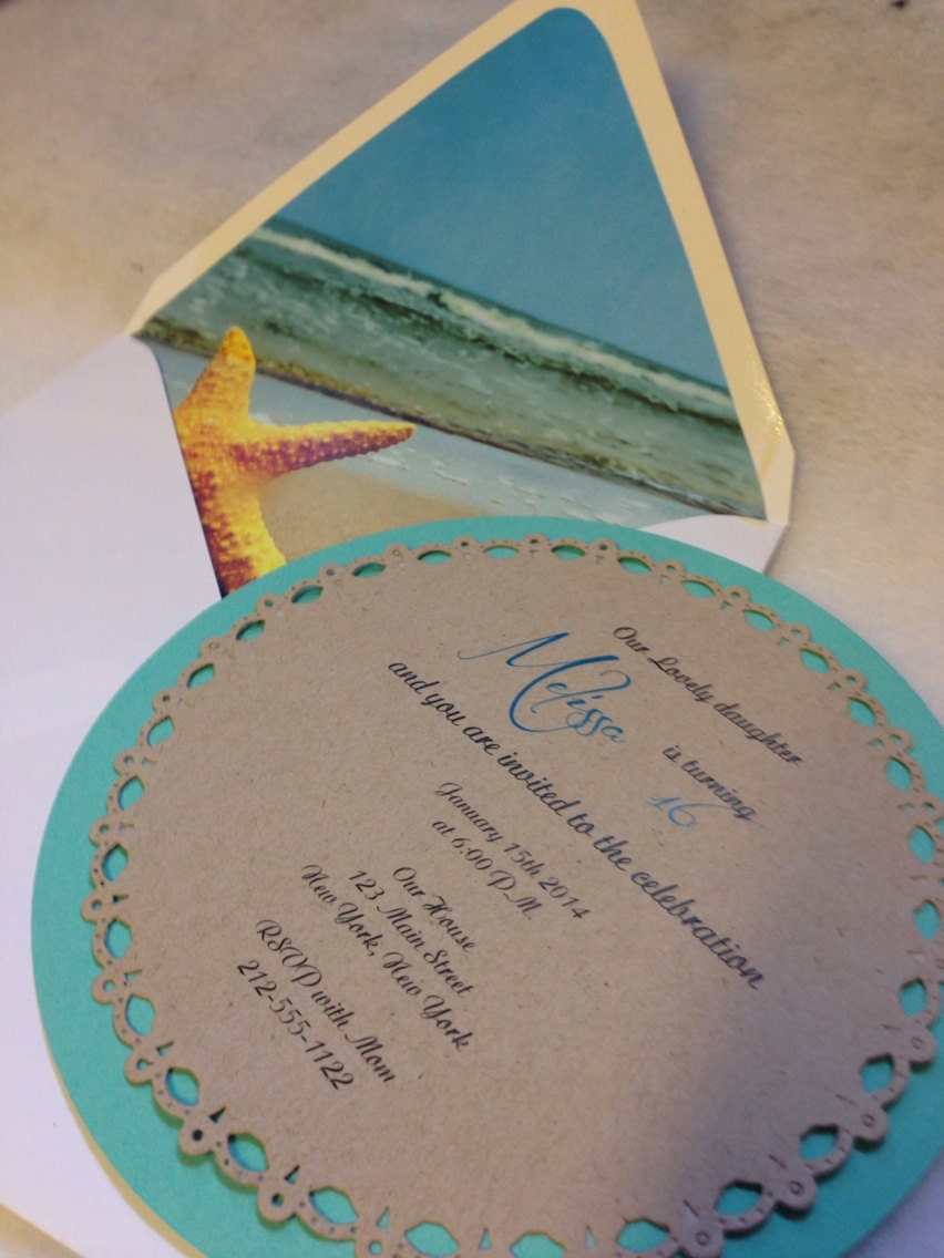 Beach Theme Sweet 16 Round Invitation Teal and by AmiraDesign