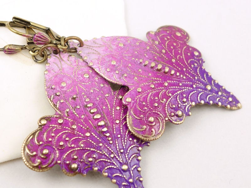 Radiant Orchid Jewelry - Pink and Purple OmbrÃ© Earrings - Hand Painted Distressed Bohemian Jewelry - Fleur de Lis Leverback Earrings - OstaraMoonJewelry