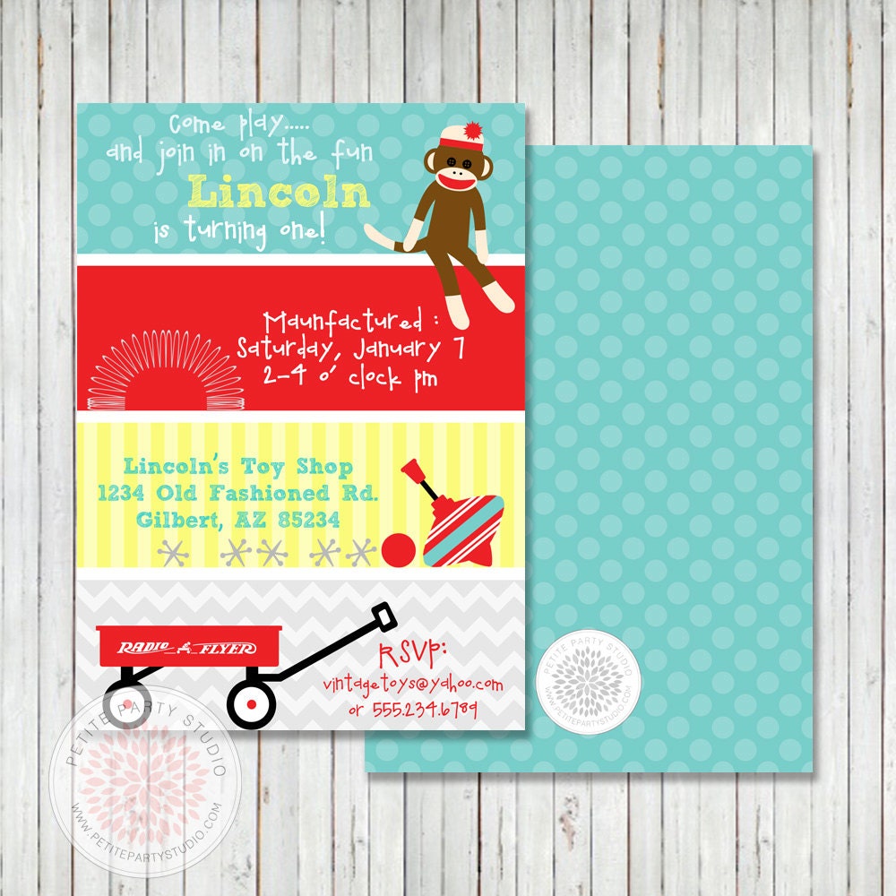 Vintage Toy Sock Monkey Printable Birthday Party or Baby Shower Invitation - Petite Party Studio Il_570xn